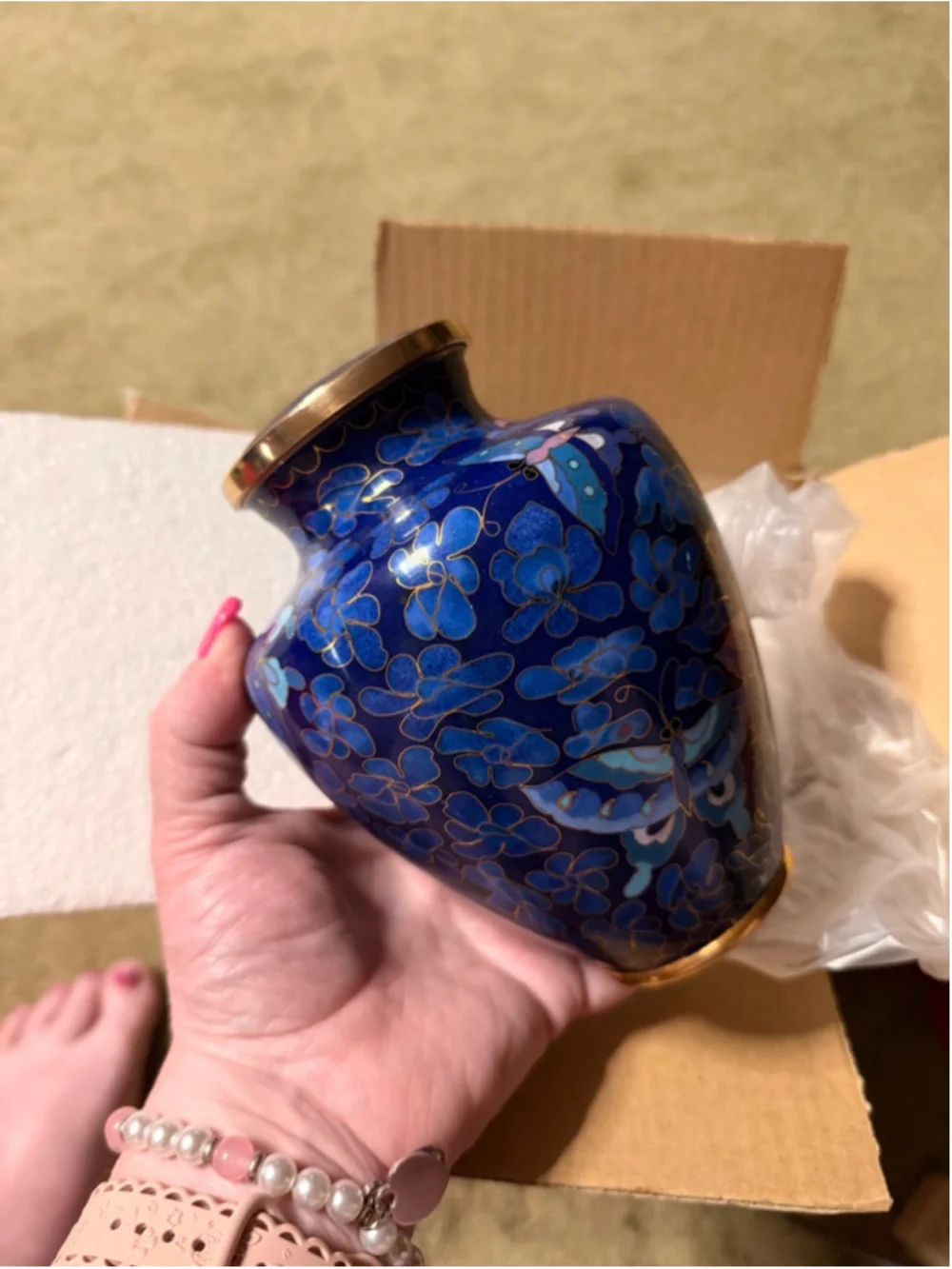 Blue Gold Cloisonne Butterfly Memorial Urn Small - Picture 8 of 16